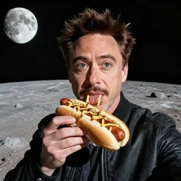 robert downey jr eating a delicious hot dog on the moon, cell phone selfie