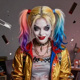 Portrait of Harley Quinn but she's a beautiful ape kid with long pony tails on either side of her head, mayhem, illustration, by James Jean, artgerm, octane render, by John Coltrane and Marc Simonetti, Manic, inspired by Greg rutkowski, colorful, high detail of the face, full body