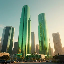 futuristic los angeles with big humongous skyscrapers, sunset, light between buildings, green parks and lakes, view from los angeles river, hyperdetailed, artstation, cgsociety, 8 k