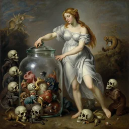 a painting of pandora opening her jar, releasing critters that impersonate sickness and death in the style of realism