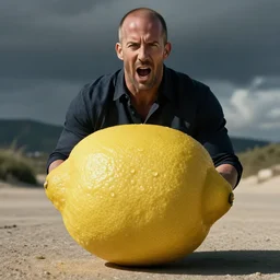 ultra realistic professional photo of Jason Statham yelling at a lemon