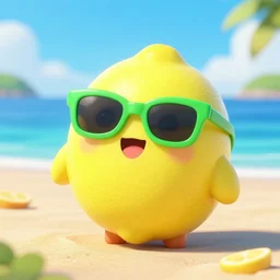 cute pixar lemon on a beach wearing green sunglasses, happy, fun