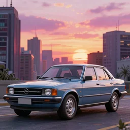 opel diplomat at sunset grand theft auto liberty city vibes, vaporwave, silent hill, photorealistic hyperdetailed 3 d matte painting, hyperrealistic, cinematic, unrealengine octane render,