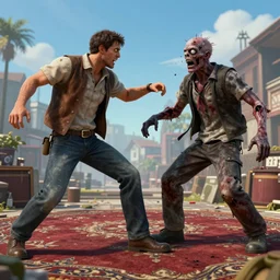 a man clothed in carpeting fighting a zombie, digital art, highly detailed, realistic, bright colors, 8 k