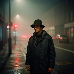 analog photograph of a man wearing a raincoat and a hat, alone in the street with thick fog at night by mark owen. red lights. bokeh. cinematic. hq. detailed. contrast. cinestill 8 0 0 t