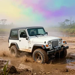 digital art of a 1997 hardtop white Jeep Wrangler drowning in quicksand, beautiful iridescent fog swallows the dirty swamp, gritty, Venom liquid grabs at the Jeep, cinematic, extraordinary colorful landscape, photorealistic, soft vintage glow