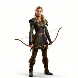 mysterious elf ranger with bow, photorealistic portrait photography, full body, standing, isolated on a pure white background, centered, whole figure in frame, sharp focus, studio lighting