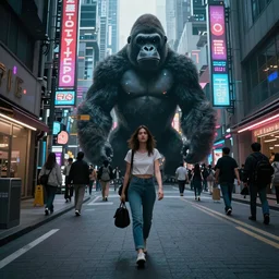 a beautiful woman taking a gorilla for a walk in a cyber punk tokyo street, futuristic, realism, wide shot, busy street, dramatic lighting, neon signs, digital art, 8k resolution, high detail, by Boris Vallejo
