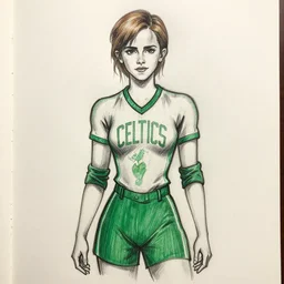 sketch drawing, emma watson in full celtics garb, sharp lines, shading, lined paper, classroom doodle