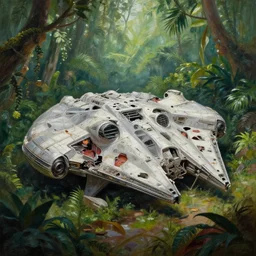 a beautiful painting of a crashed millennium falcon in a lush jungle, ray traced lighting by george lucas and greg rutkowski