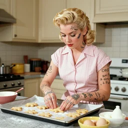 a young blonde woman with face tattoos, baking cookies in a kitchen, 1955, from Life Magazine