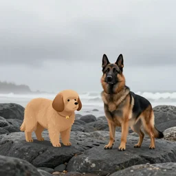 a xoloitzcuintle and a belgian shepherd on a rocky beach, cloudy morning, fog, illustration, concept art