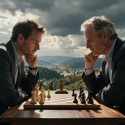 mark zuck playing chess with peter thiel, cinematic shot