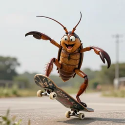 anthropomorphic cocroach riding a skateboard, doing a flip, photo