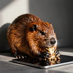 a beaver gnawing at an ipad