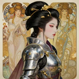realistic detailed profile portrait of a beautiful futuristic warrior geisha in alien samurai armor by alphonse mucha, ayami kojima, amano, greg hildebrandt, and mark brooks, female, feminine, art nouveau, geisha samuari cyberpunk, neo - gothic, gothic, character concept design