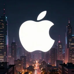 A very Large Logo design of apple with openai in a Cyberpunk futuristic City