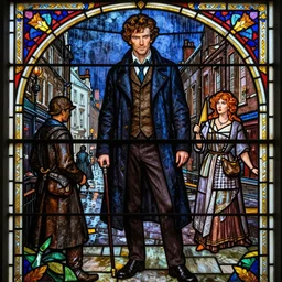a detailed stained glass window of jared padalecki in a supernatural sherlock holmes story, 1 8 th century london in the rain, city streets, ominous, masterpiece, 8 k, art by alphonse mucha and greg rutkowski