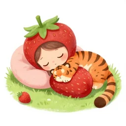 a sleepy strawberry taking a nap with a tiger plushie, whimsical illustration