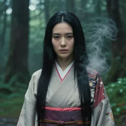 a cinematic portrait bust of woman, light leaking through trees, forest background, raining, long black hair, kimono, steam rising, princess mononoke, 4 k, greg rutkowski, high detail, dramatic lighting, afternoon, hayao miyazaki, masashi ando, nizou yamamoto, kazuo oga, joe hisaishi, yoji takeshige, naoya tanaka