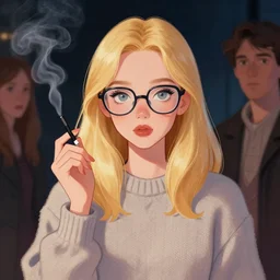 digital illustration of pretty girl with glasses sabrina with shoulder length blonde hair wearing a sweater, from alice in wonderland, smoking, at night, by ilya kuvshinov, lois van baarle, rossdraws, basquiat