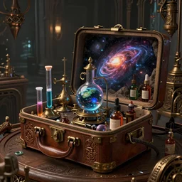 in a cyberpunk steampunk futuristic setting, , inside an ancient and surreal room of carved wood there is a surreal ancient doctor's bag open with test tubes, stills and ampoules inside that contain universes, space storms and alien worlds.full of details, hyper realistic, trending on artstation, 8K, HD