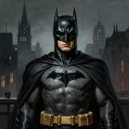 A Rembrandt Style painting of Batman, Gotham in background, dark, gloomy, 4k