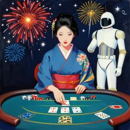 woman in a japanese kimono sitting at an extremely detailed poker table with the startrooper, fireworks and stars on the background, by andy warhol, by roy liechtestein, canvas, acrylic paint, woodcut cool color palette, 4 k, ultra - hd