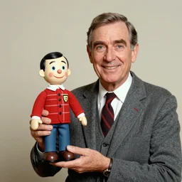 mr. rogers proudly displaying a hand - carved mr. rogers marionette. 1 9 7 0 s photo.