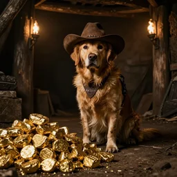 a dirty golden retriever in a dark mine wearing a wild west hat and jacket with large piles of gold nuggets nearby, dim moody lighting, wooden supports, wall torches, cinematic style photograph