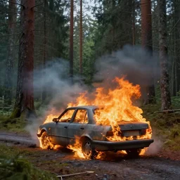 burning car driving through a beautiful swedish forest, highly detailed, hyperrealistic, very sharp focus, intricate, soft lighting, dramatic, digital painting by simon stålenhag