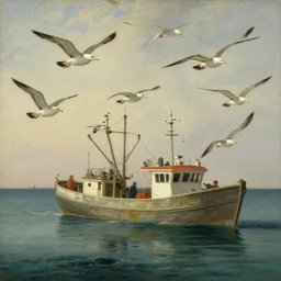 flock of seaguls flying around a fishing boat in calm sea, painting by william blake
