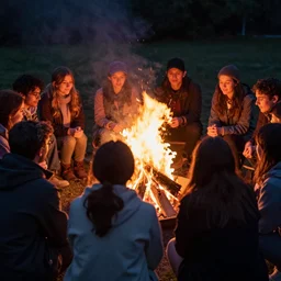 photograph of people bonding around a firecircle, kismet, shot from behind
