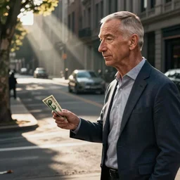 a photo of homelss jeff Bezos asking for money on the street, detailed photo
