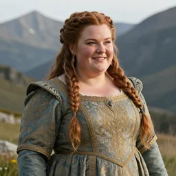beautiful dwarven lady wearing an elegant brocade dress in the mountains, by greg staples, dungeons and dragons, lord of the rings, intricate, realistic, cheerful, complex braided hair, chubby and plump, big nose, sharp focus, sunlight, soft lighting