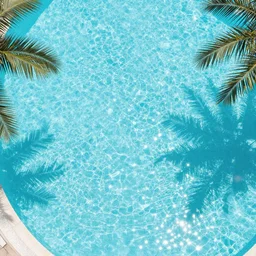 close up aerial view photo of a sparkling swimming pool with palm tree leaves on the edges, pastel faded effect, synthwave colors, 8K