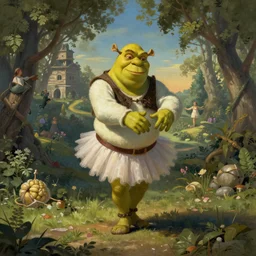 shrek doing ballet, painting, style of bosch, 4k, unreal engine, artstation