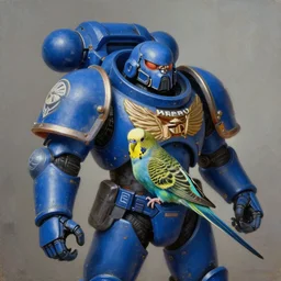 a portrait of a Budgerigar as a Space Marine from the Warhammer 40k, ultramarine space marine Budgerigar, blue armor, glorious, masterpiece painting, Melopsittacus undulatus as a Space Marine from the Warhammer 40k