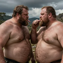 massive hairy stronmen with thick body hair smelling each other's armpits, photography