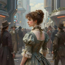 portrait of a victorian lady within a crowd of people in a futuristic city, from behind, streets, beautiful, solarpunk!!!, highly detailed, digital painting
