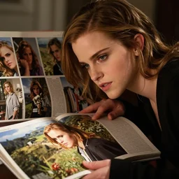 A shapeshifter is transforming into Emma Watson by watching images of Emma Watson, in the magazine, Photo taken with Provia