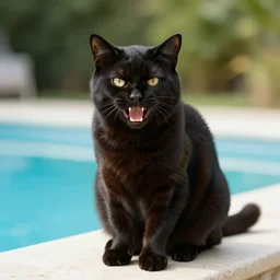 a photograph of an angry black fuzzy cat hissing sitting by a pool on a sunny day
