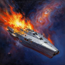 beautiful matte fantasy sci - fi painting of attack ships on fire off the shoulder of orion