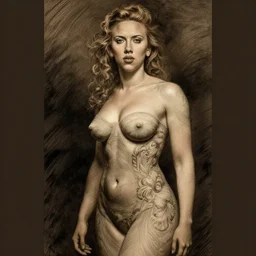 engraving portrait of scarlet johansson with full body tattoo by gustave dore