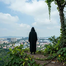 a cloaked figure looking toward the sky, standing on a cliff far above a city, overgrowth of foliage and vines, photorealistic, colorful, wide angle