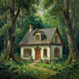 realistic cottage rococo in the woods, lush forest painting by zdzislaw beksinski and normal rockwell