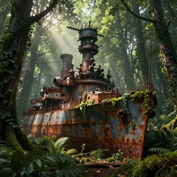 rusty warship dreadnought shipwreck in a lush forest, volumetric lighting, god rays, sci-fi, ivy, moss, trending on artstation, concept art by Greg Rutkowski and Sebastian Luca, global illumination