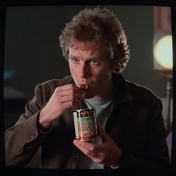 a scene from a 1 9 8 2 s halloween iii, patrick stewart is eating from a can of beans, vhs distortion, cathode ray tube distortion, folk horror, hauntology, 8 k, 8 5 mm f 1. 8, studio lighting, rim light, right side key light