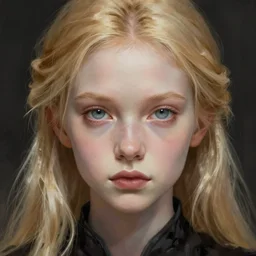 close - up portrait of young albino girl, long blonde hair, dark fantasy, portrait, highly detailed, digital painting, artstation, concept art, sharp focus, illustration, art by artgerm and greg rutkowski and alphonse mucha