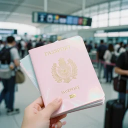 high fidelity film photograph depicting passport control at an alien airport, travel documents, crowds, personal items. iridescent hard surface. pastel pink perspex. three point light. soft focus.